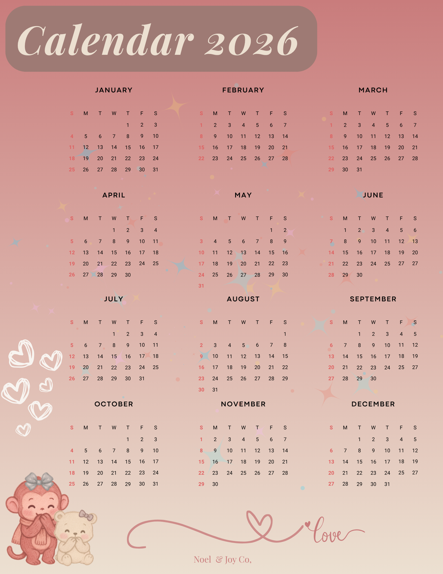 2026 Digital Calendar – “Monkey & Bear” Edition